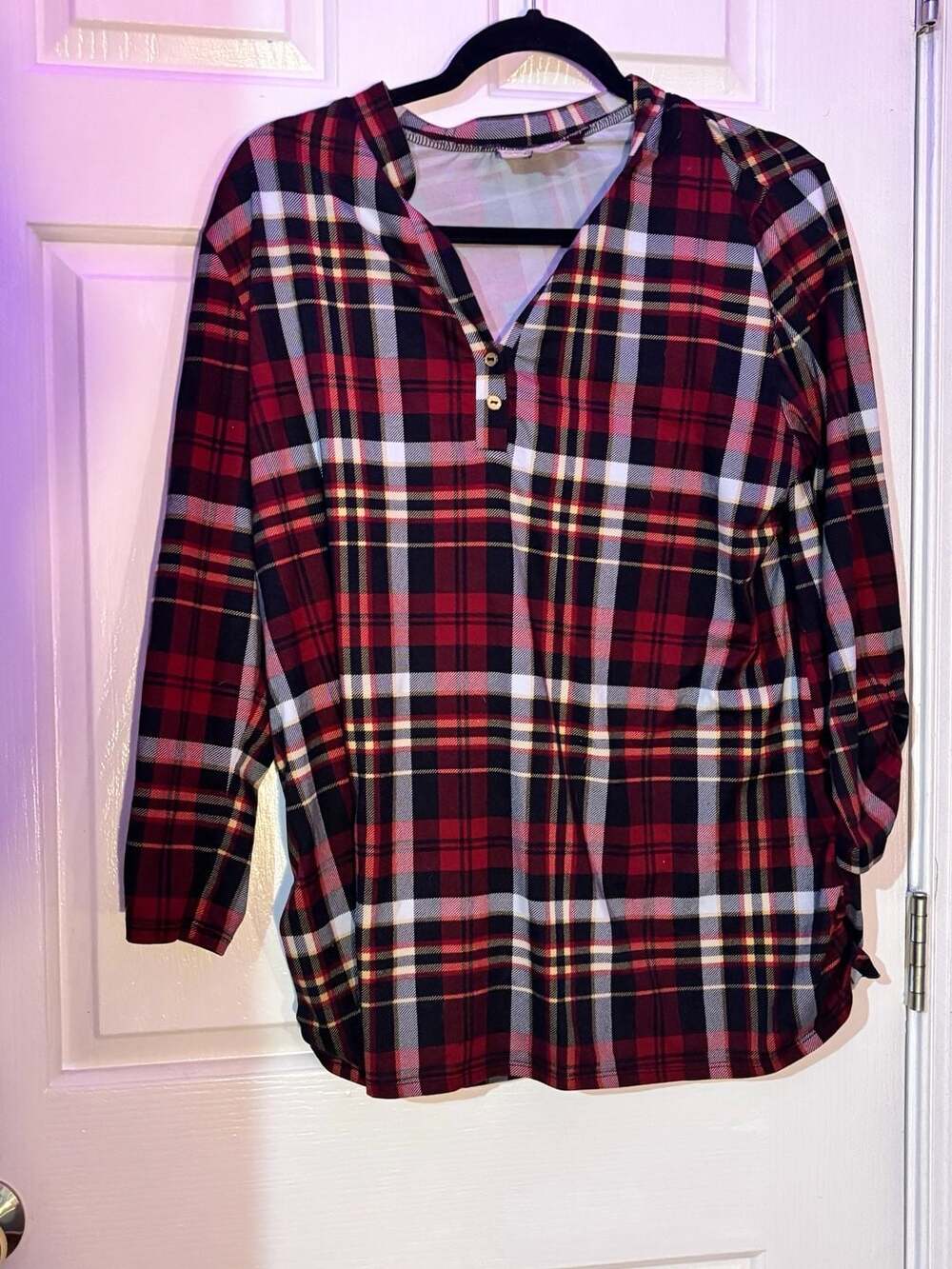 Cupcake Cafe Maternity Red and Black Plaid V-Neck Long Sleeve Shirt Large